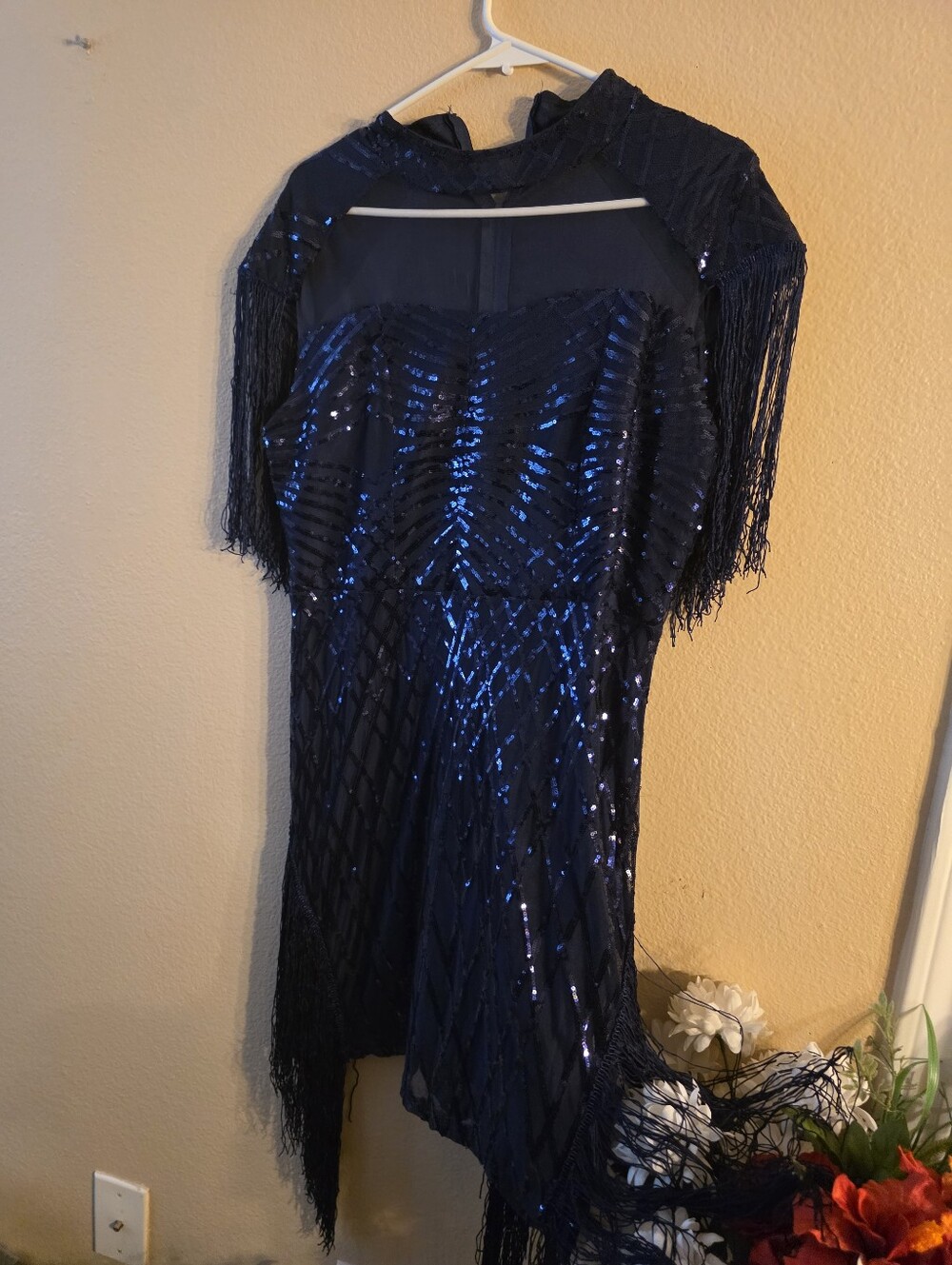 Navy Sequin Fringe Midi Dress with Sheer Yoke